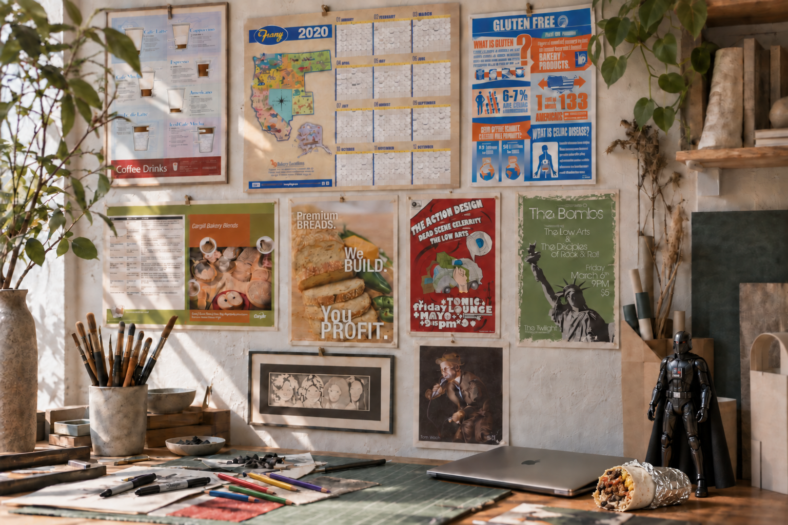 Art studio wall with sketches, swatches, brushes, and material samples