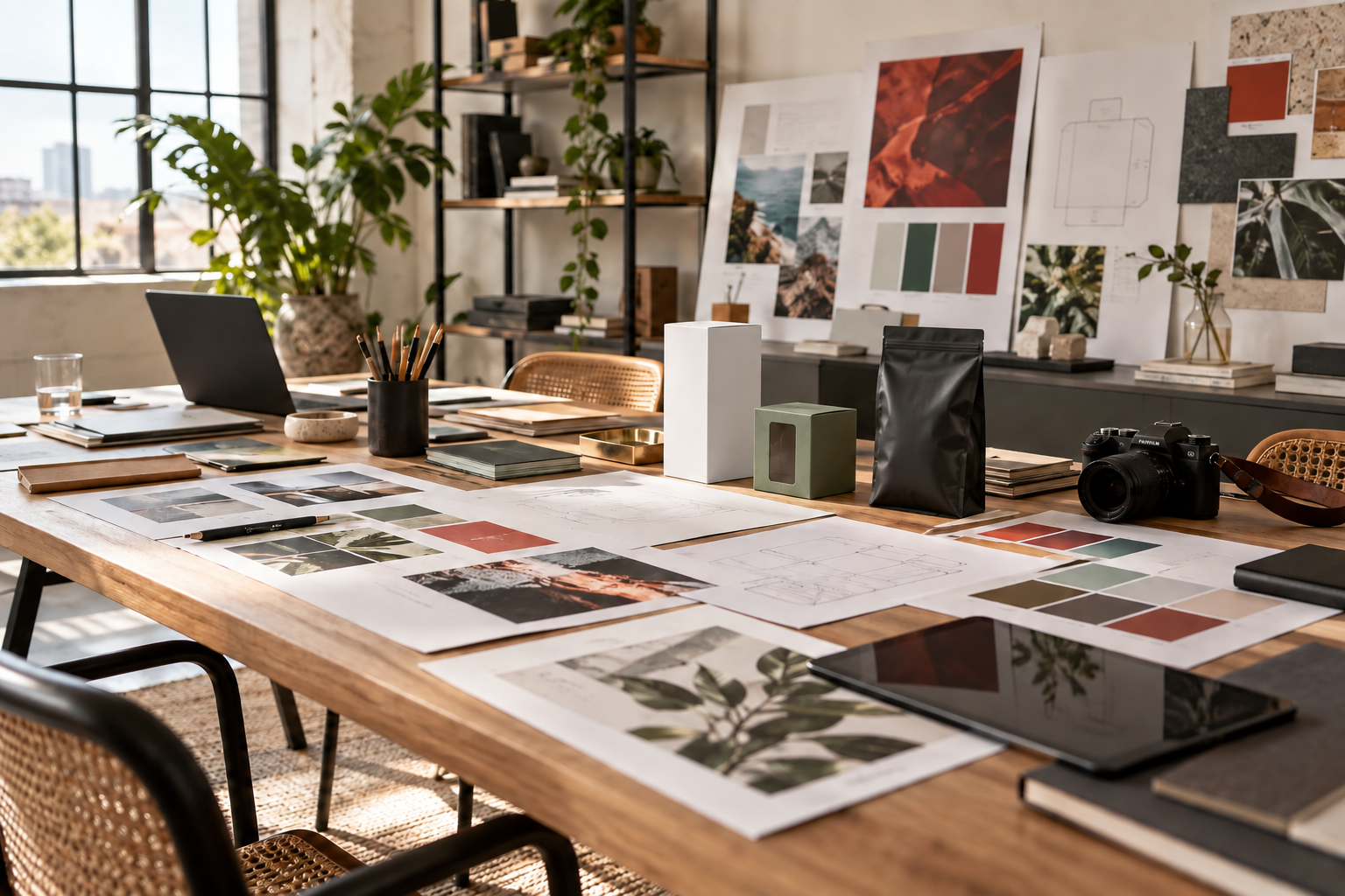 Creative studio table with mood boards, packaging prototypes, and print samples
