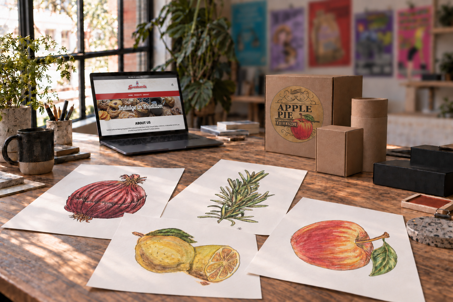 Packaging and brand design work in a warm SD Design studio setting